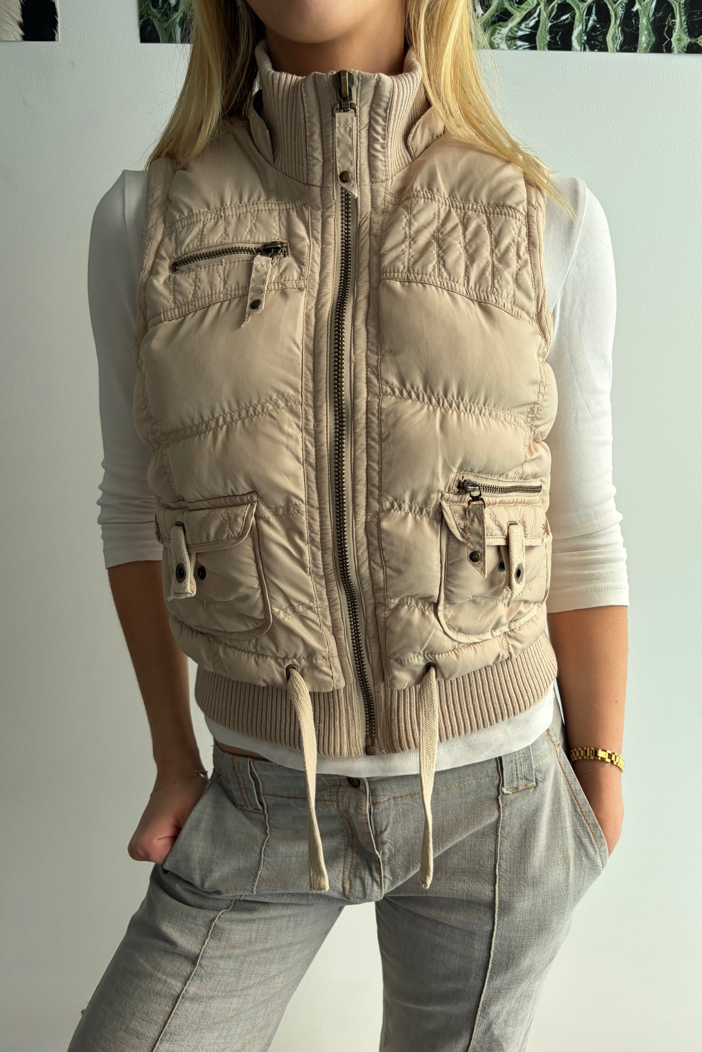 Vintage Cream Zip-Up Puffer Vest
