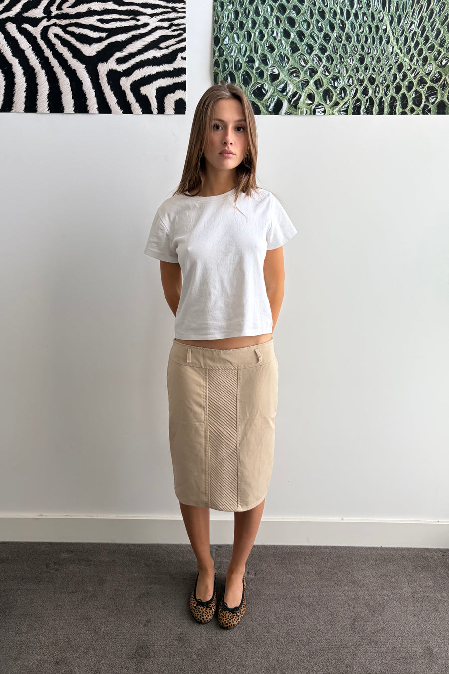 Vintage Beige Contrast Panel Midi Skirt