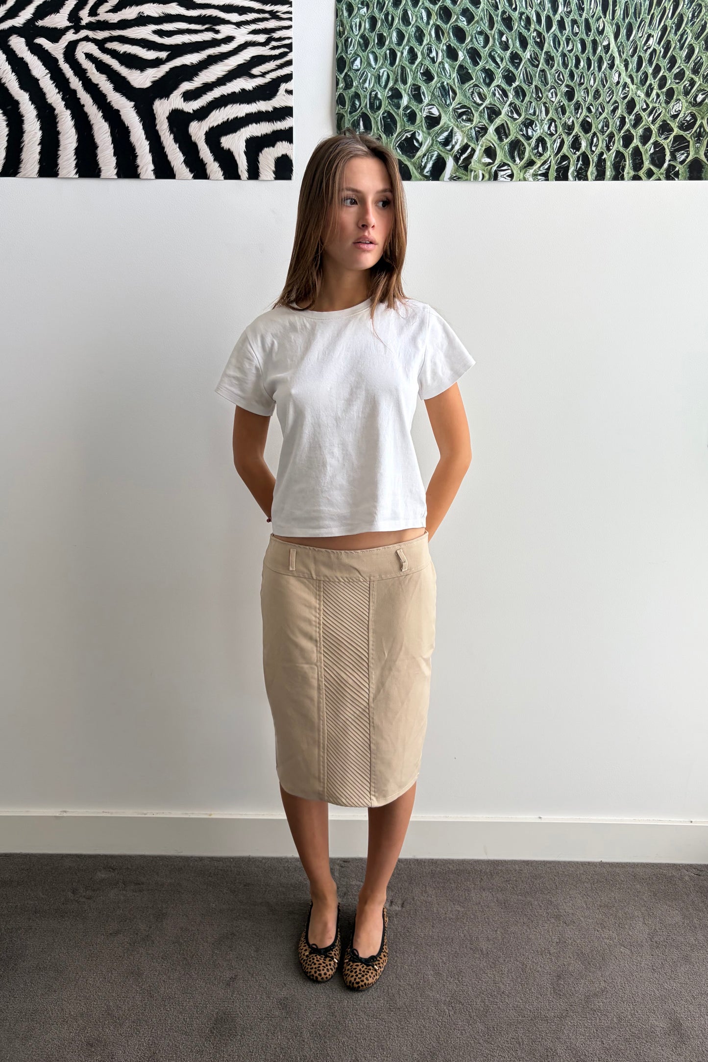 Vintage Beige Contrast Panel Midi Skirt