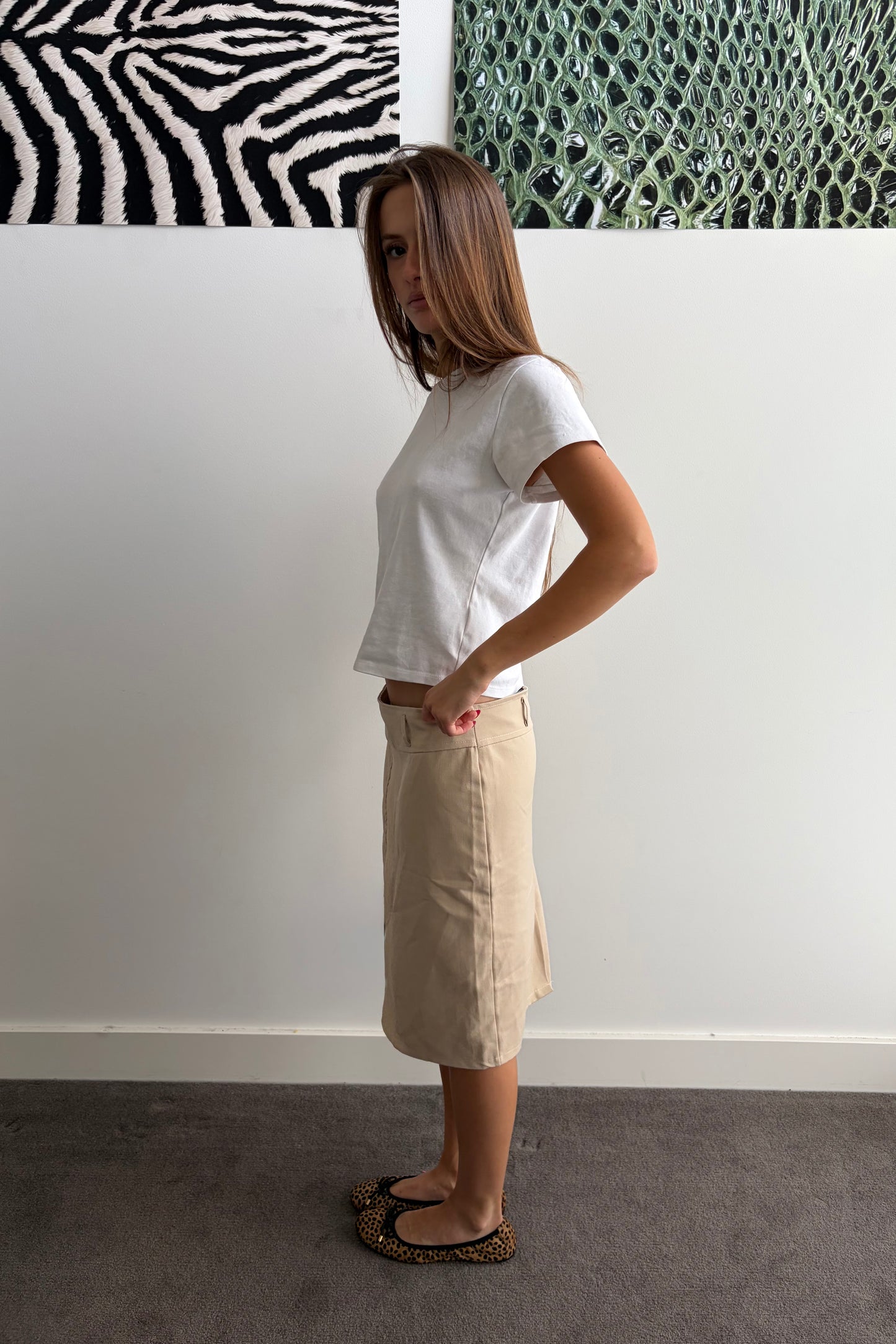 Vintage Beige Contrast Panel Midi Skirt