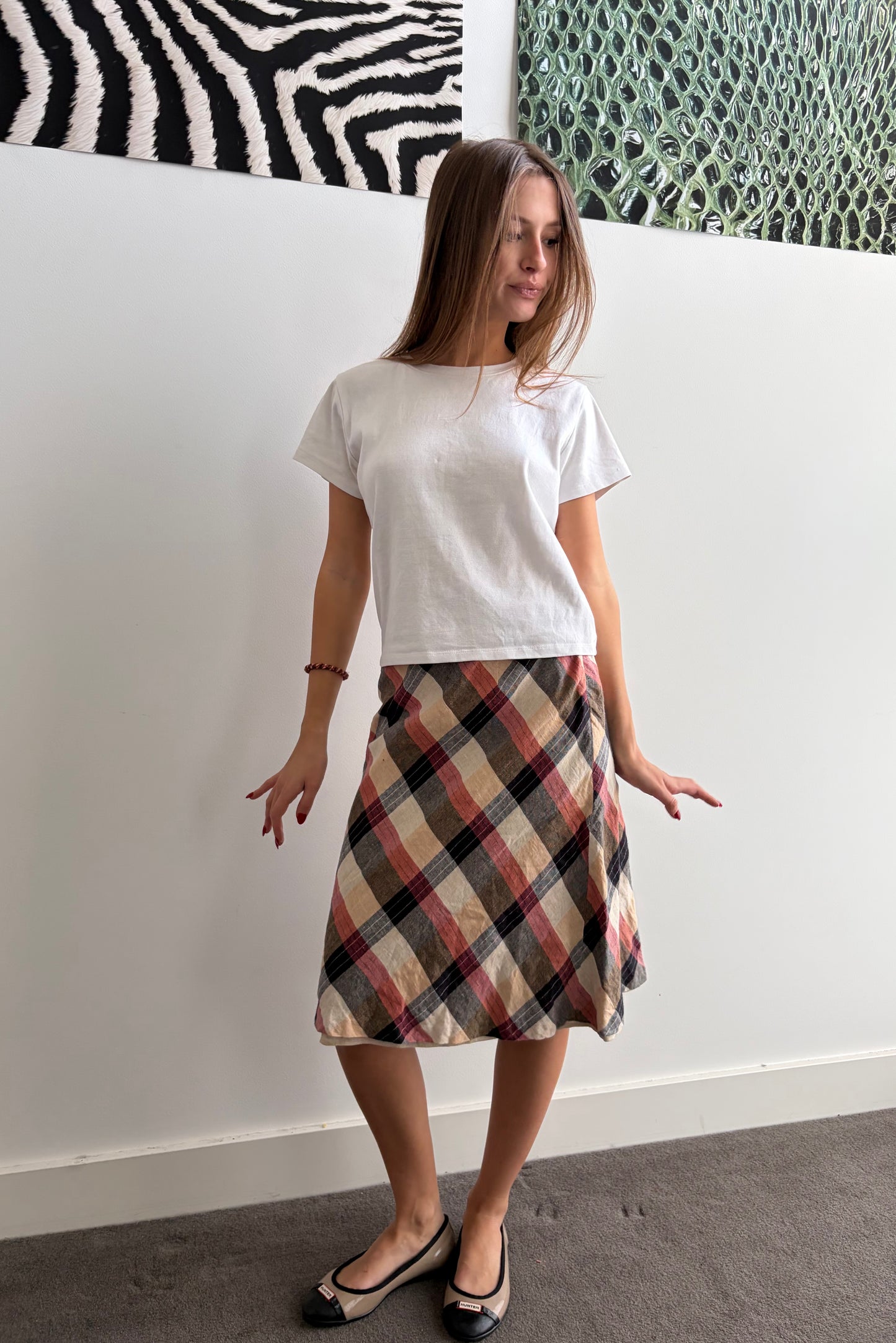 Vintage Bias-Cut Plaid Midi Skirt