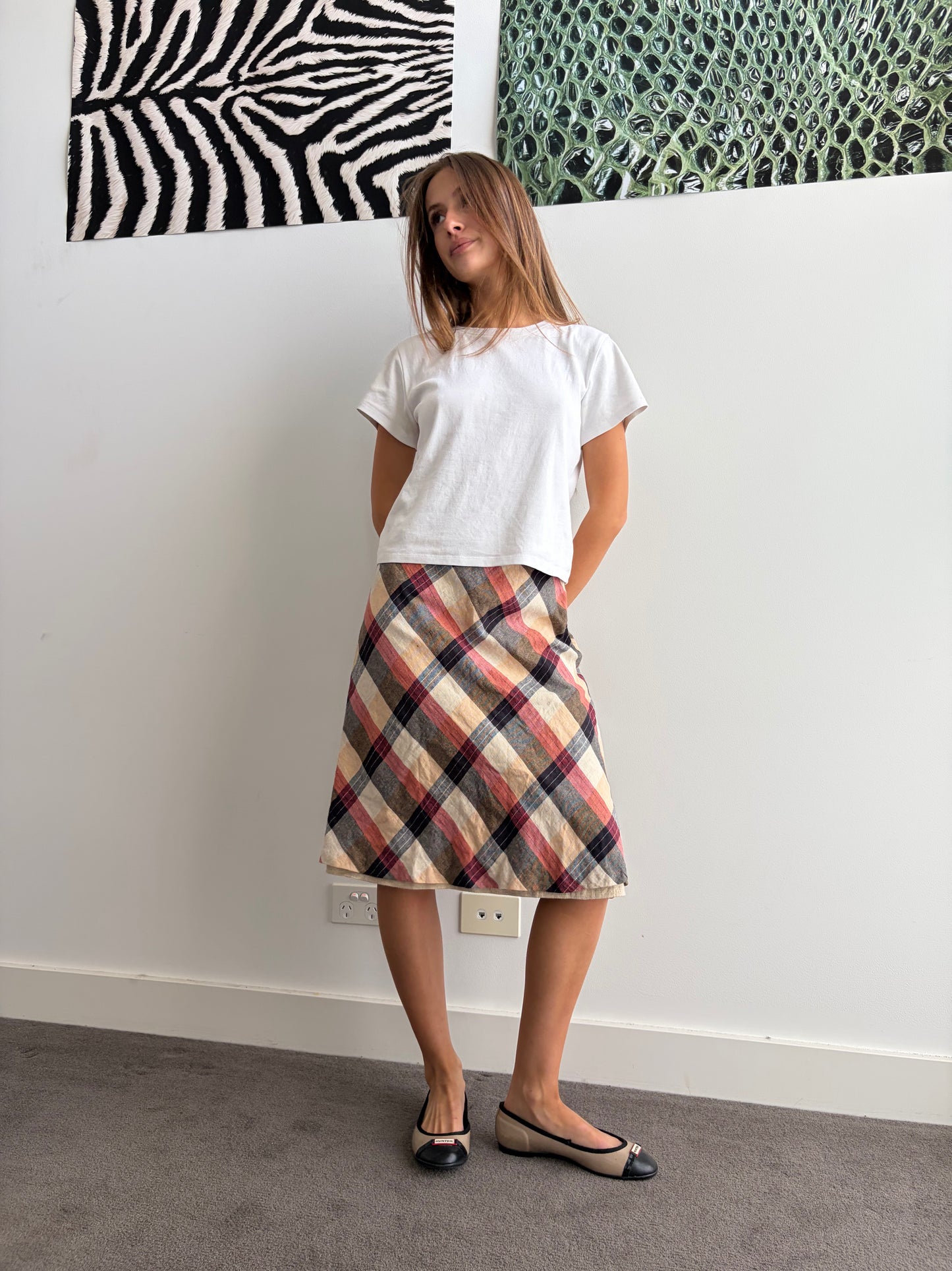 Vintage Bias-Cut Plaid Midi Skirt