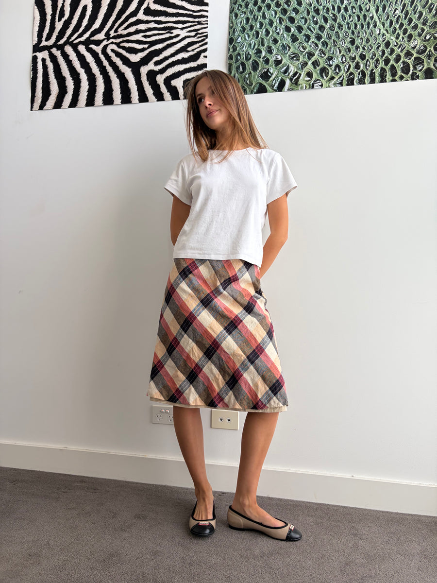 Vintage Bias-Cut Plaid Midi Skirt