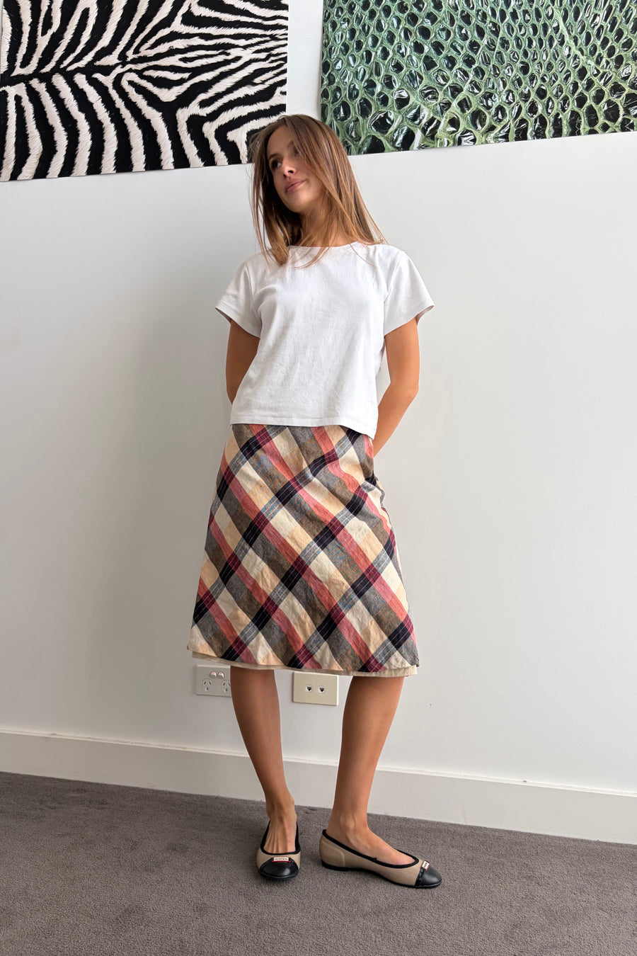 Vintage Bias-Cut Plaid Midi Skirt