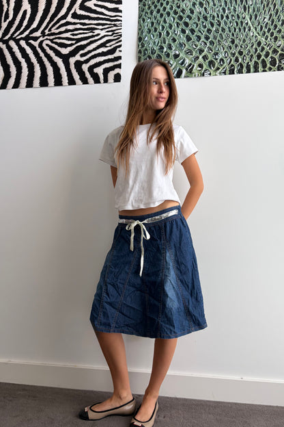 Vintage Drawstring Panelled Denim Skirt