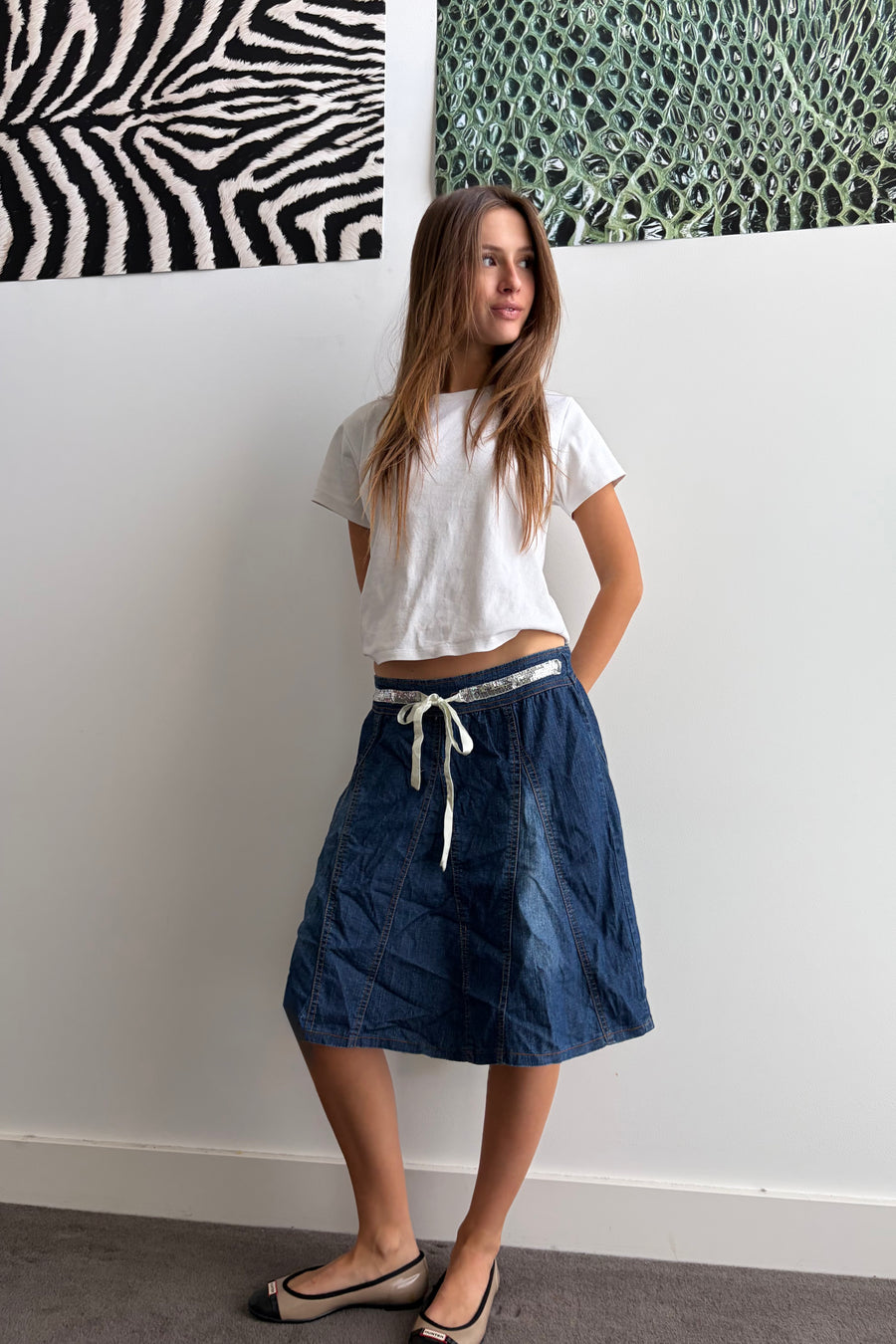 Vintage Drawstring Panelled Denim Skirt