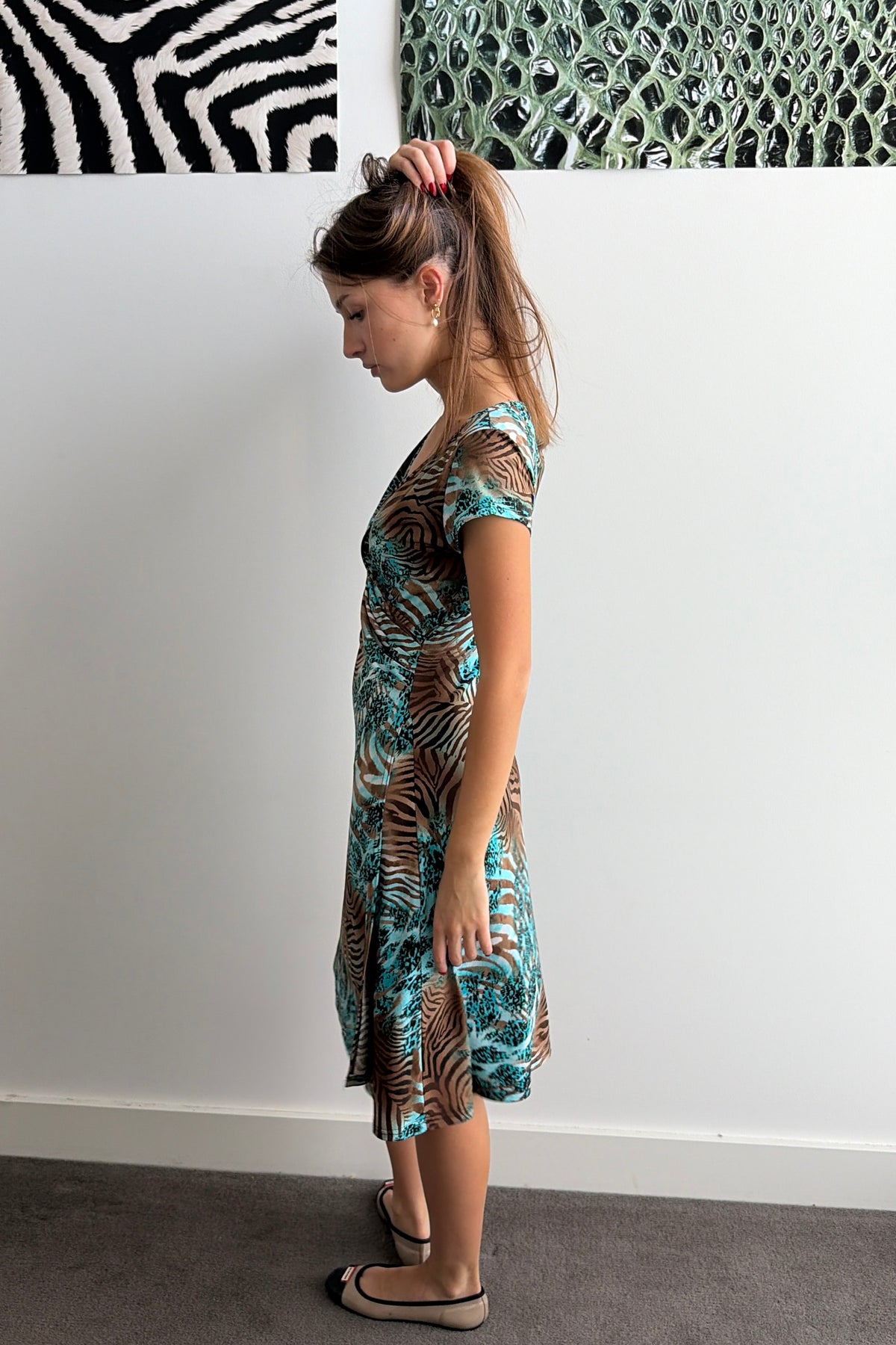 Vintage Teal & Brown animal Print Dress