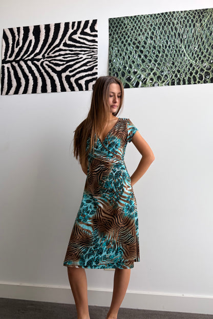 Vintage Teal & Brown animal Print Dress