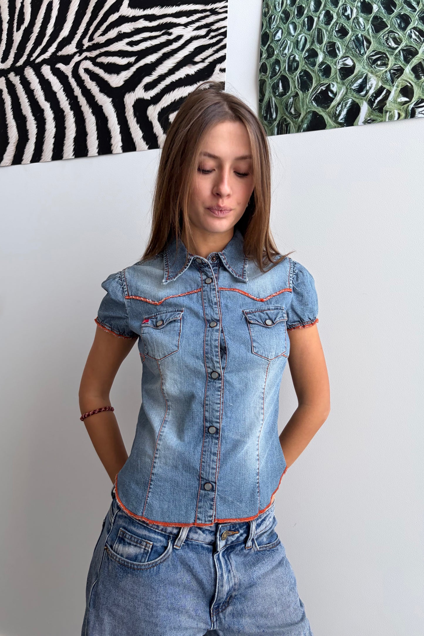 Vintage Contrast Stitch Denim Top.