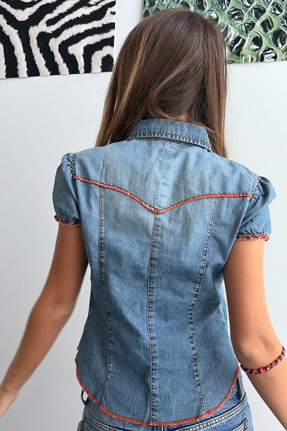 Vintage Contrast Stitch Denim Top.