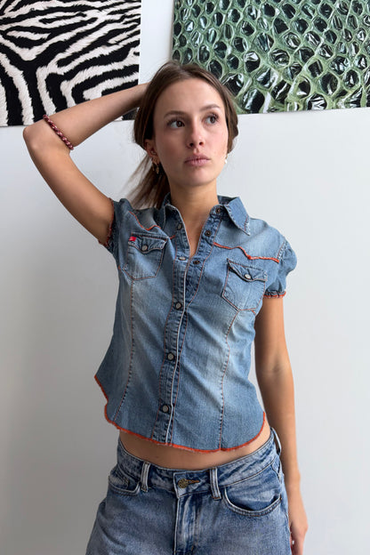 Vintage Contrast Stitch Denim Top.