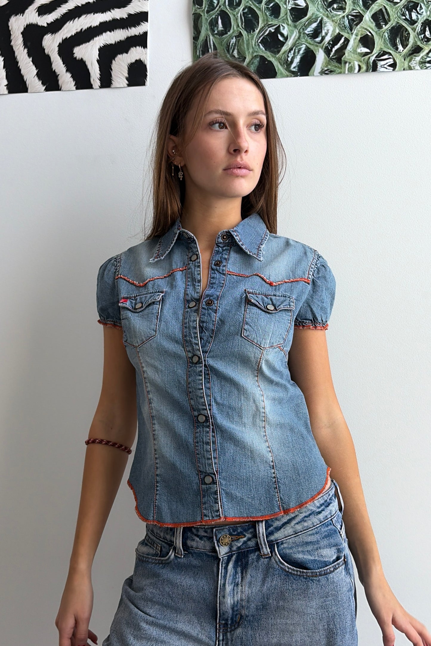 Vintage Contrast Stitch Denim Top.