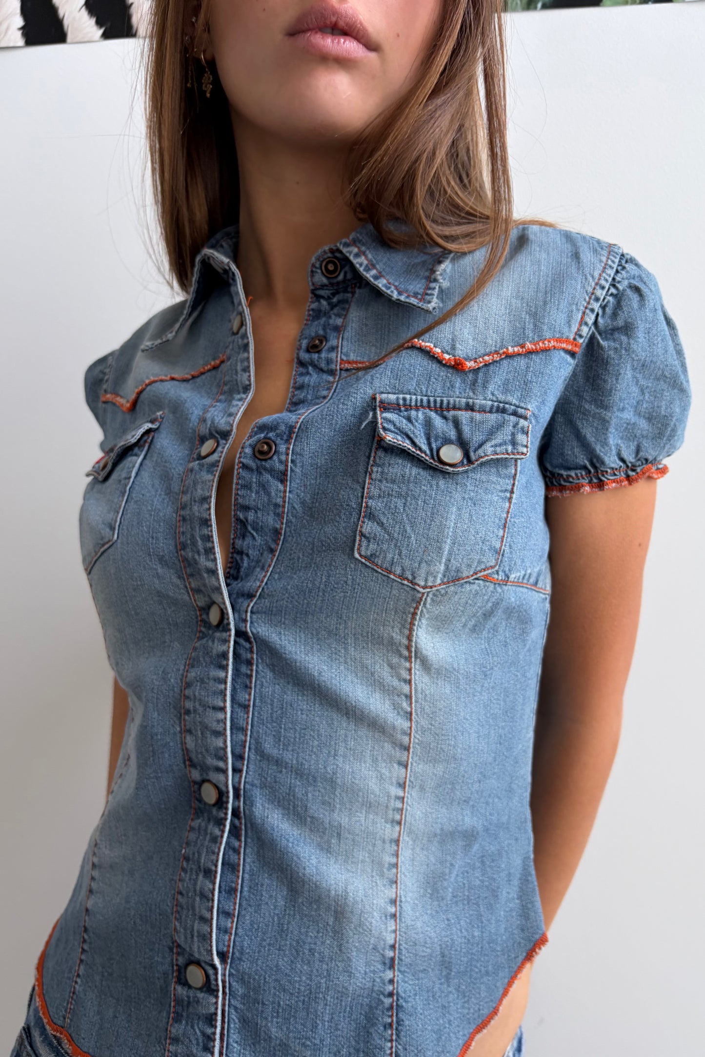 Vintage Contrast Stitch Denim Top.