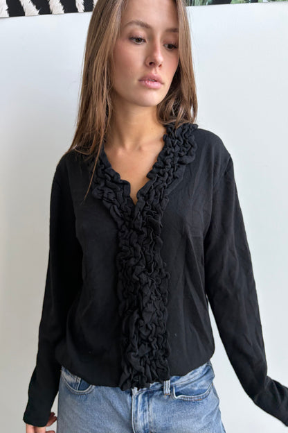 Vintage Black Ruffle Trim Cardigan.