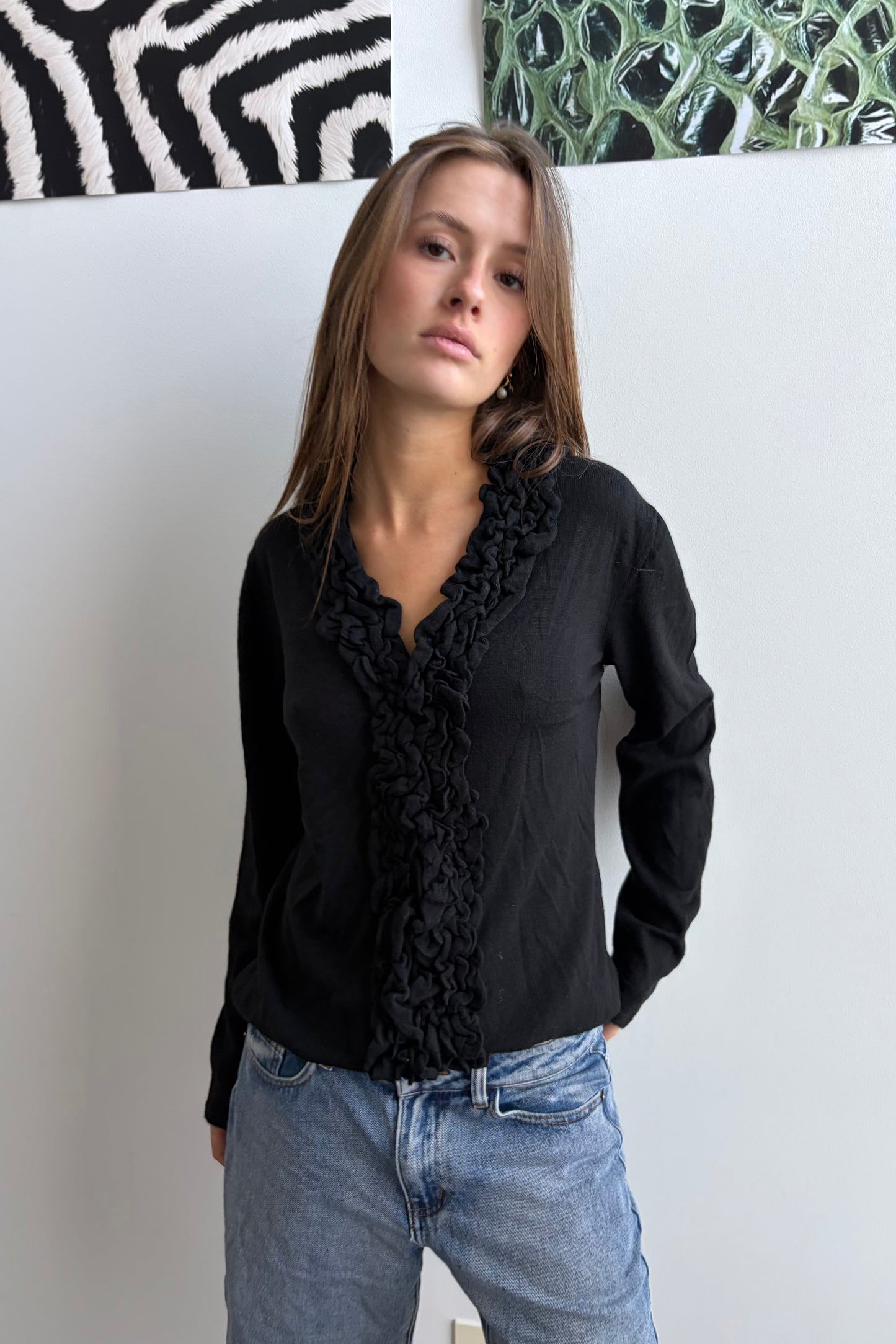 Vintage Black Ruffle Trim Cardigan.