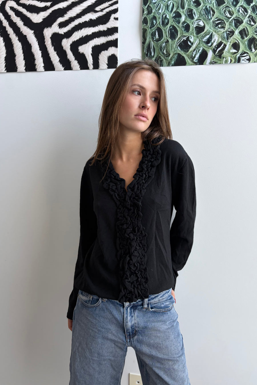 Vintage Black Ruffle Trim Cardigan.