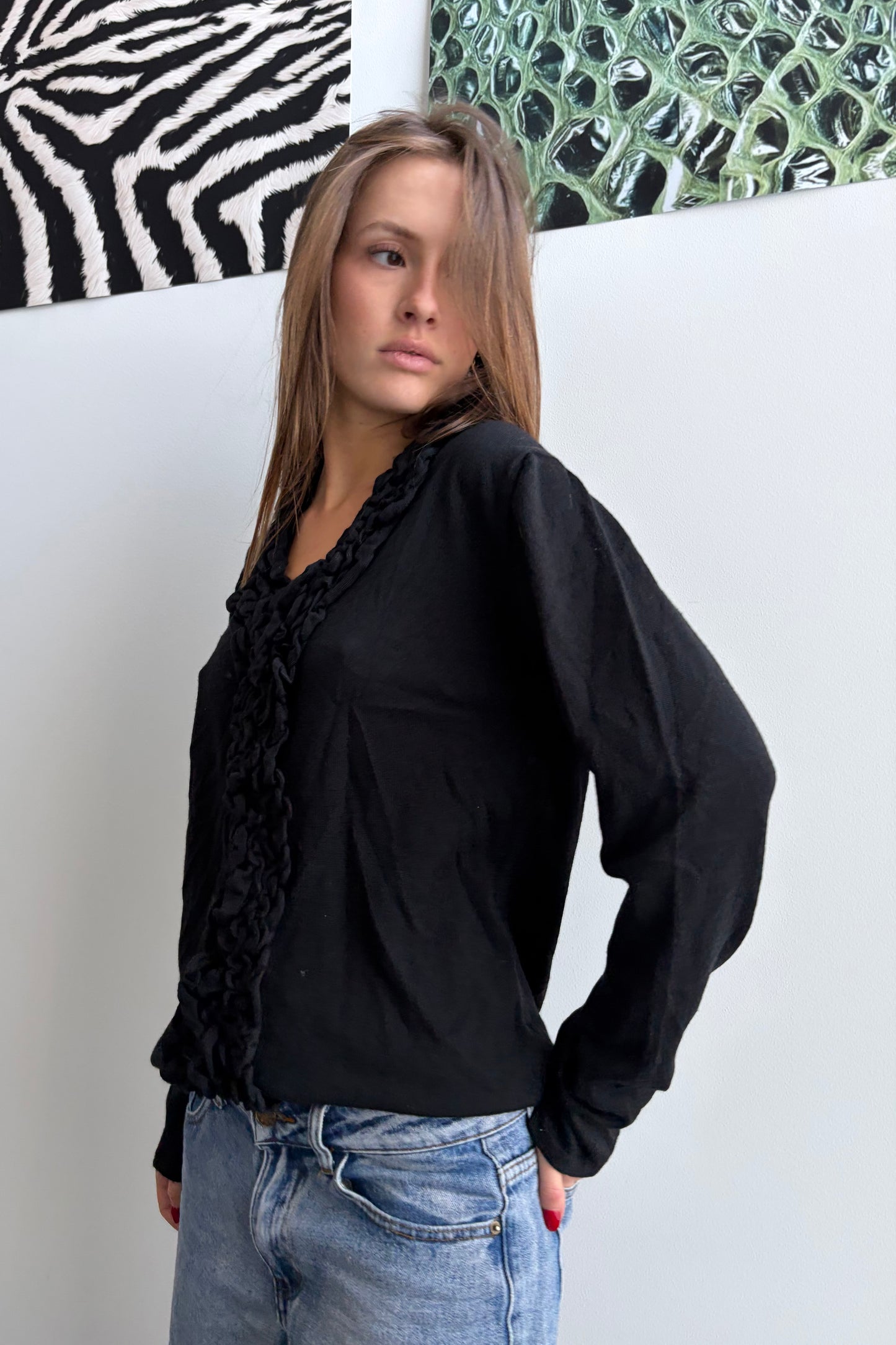 Vintage Black Ruffle Trim Cardigan.