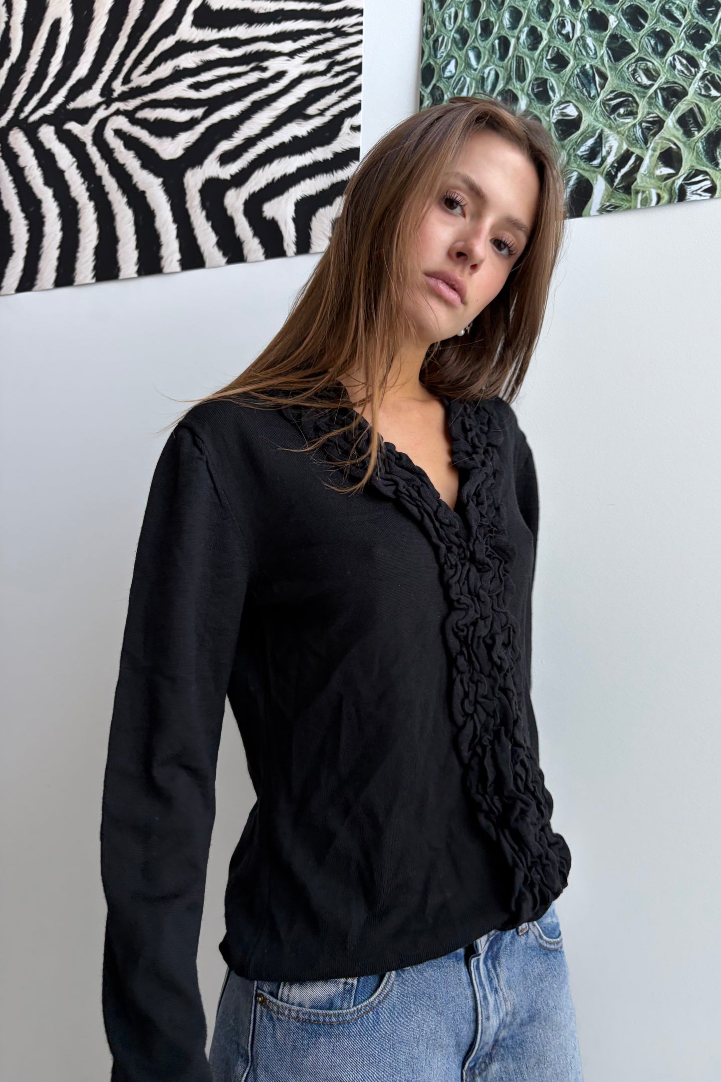 Vintage Black Ruffle Trim Cardigan.