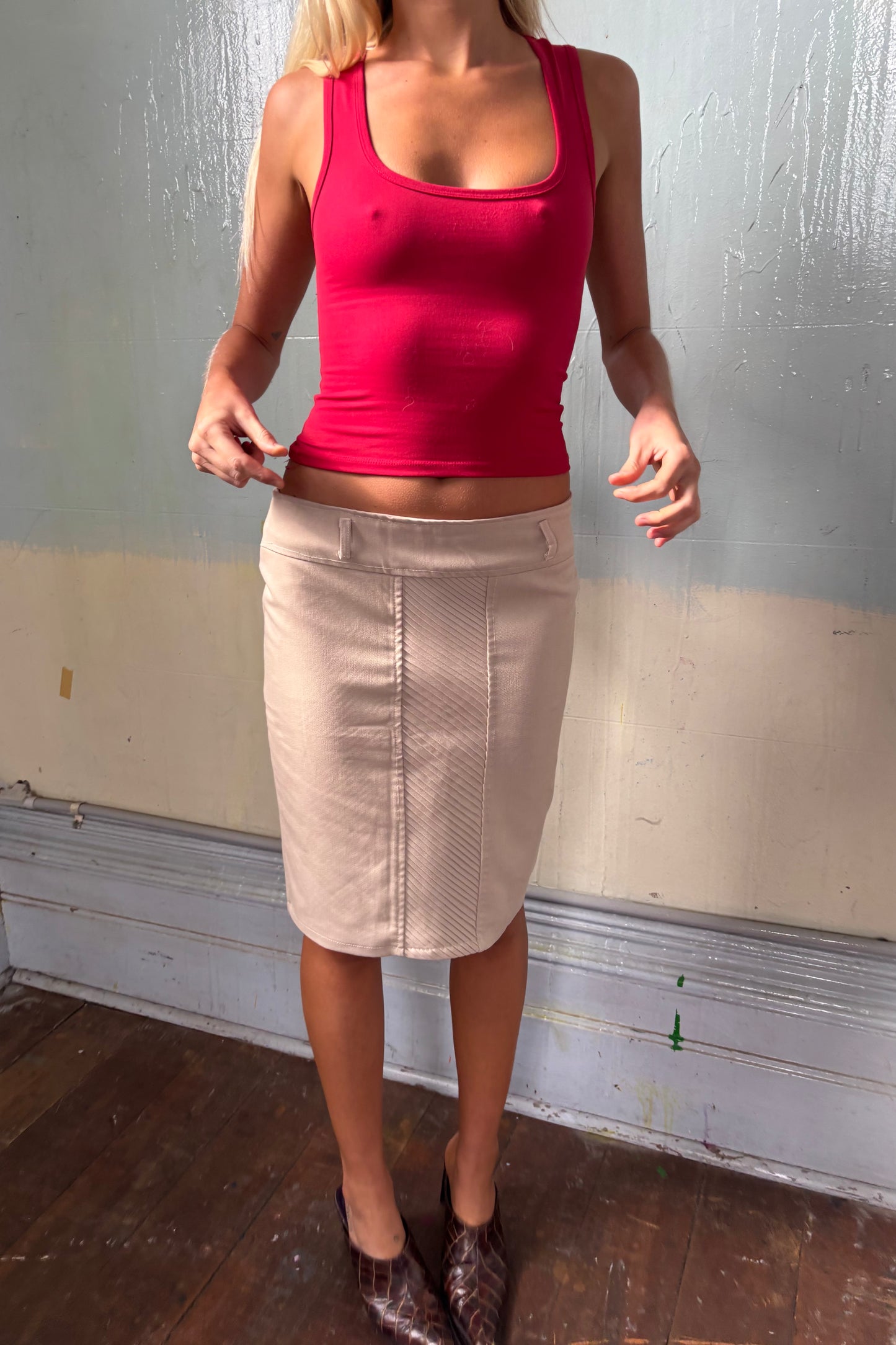 Vintage Beige Contrast Panel Midi Skirt